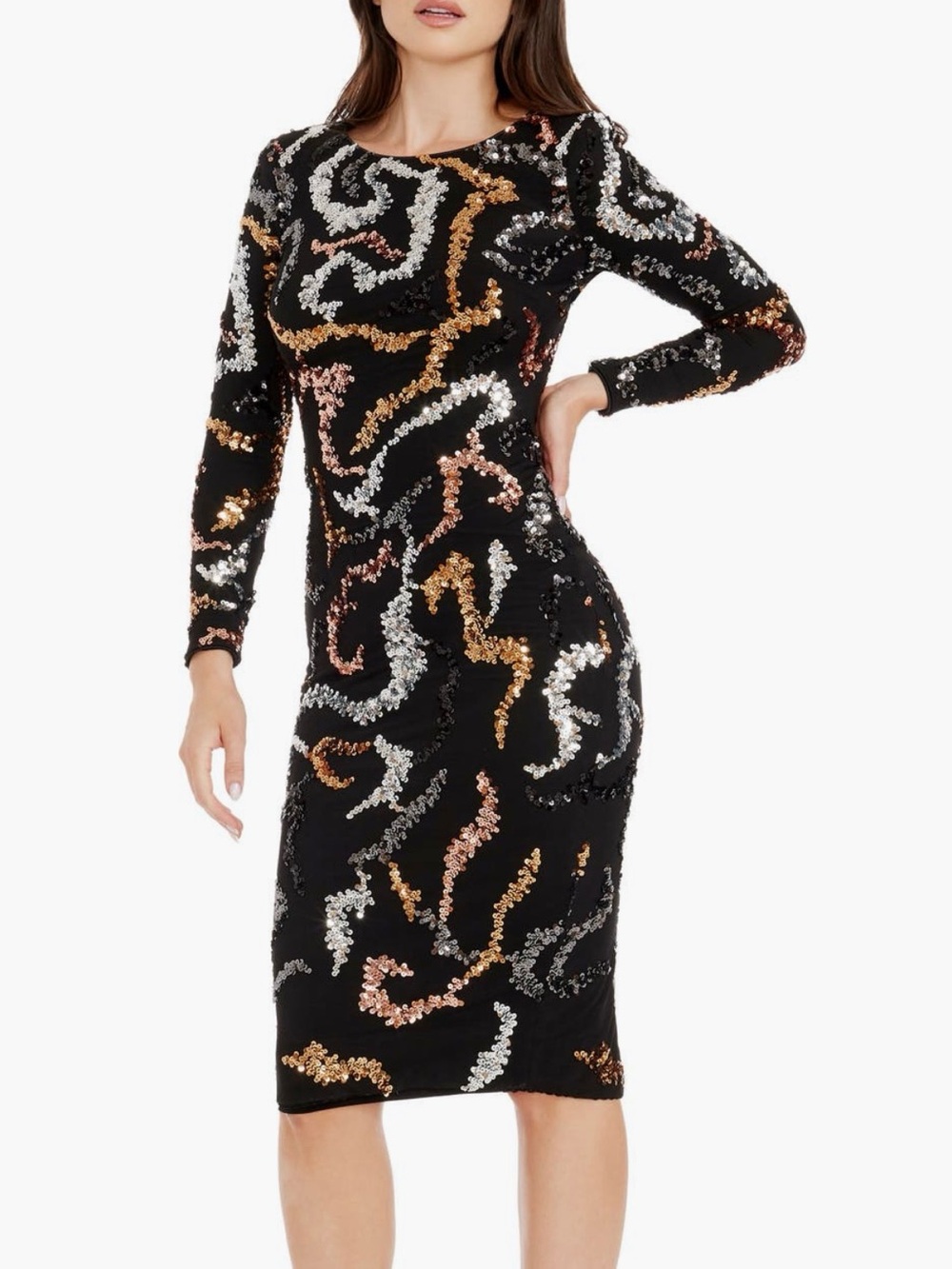 Dress the Population - Black Sequin Long Sleeve Sheath Dress - Elegant Evening